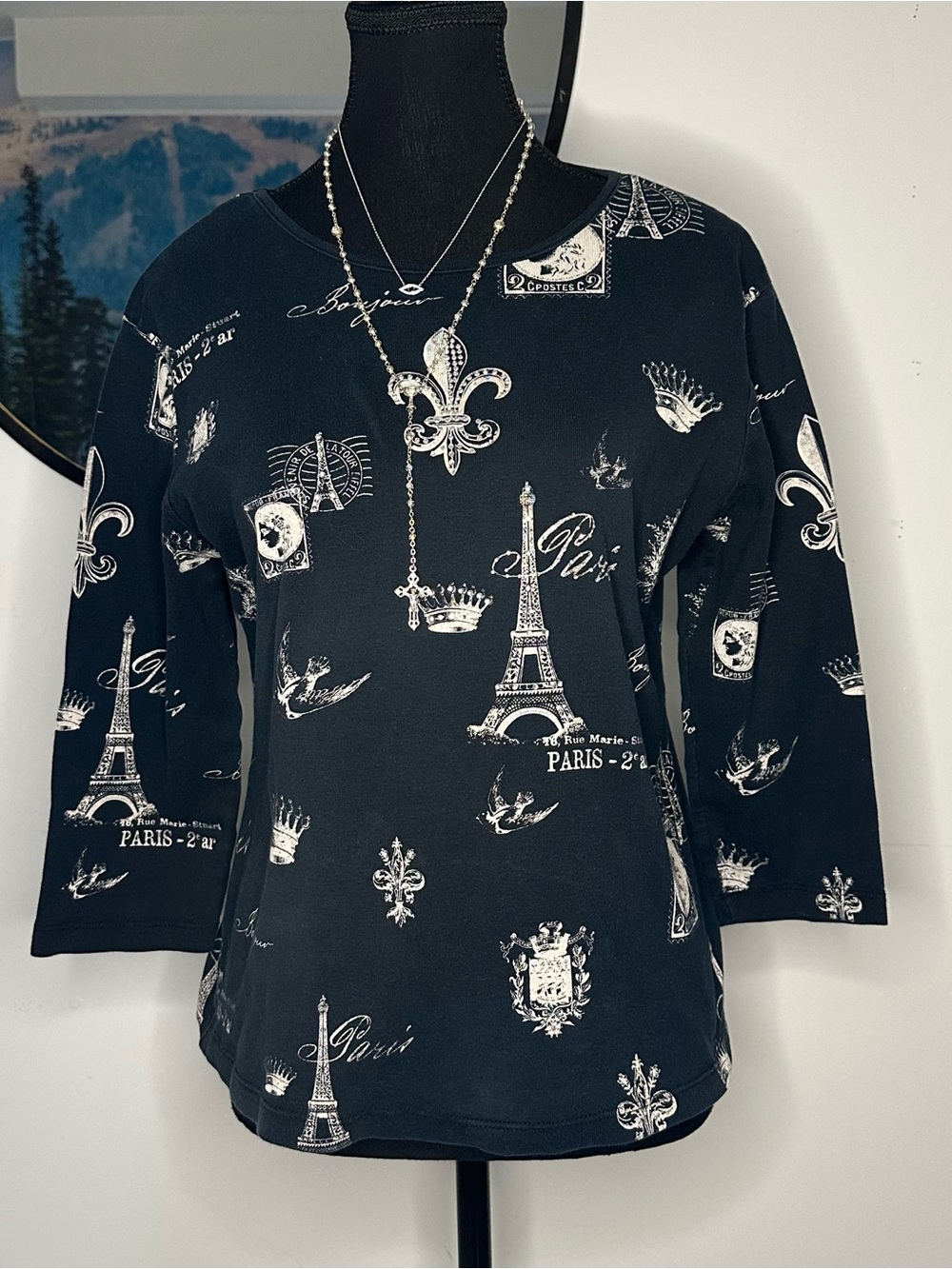 Black Paris Print Long Sleeve Tee